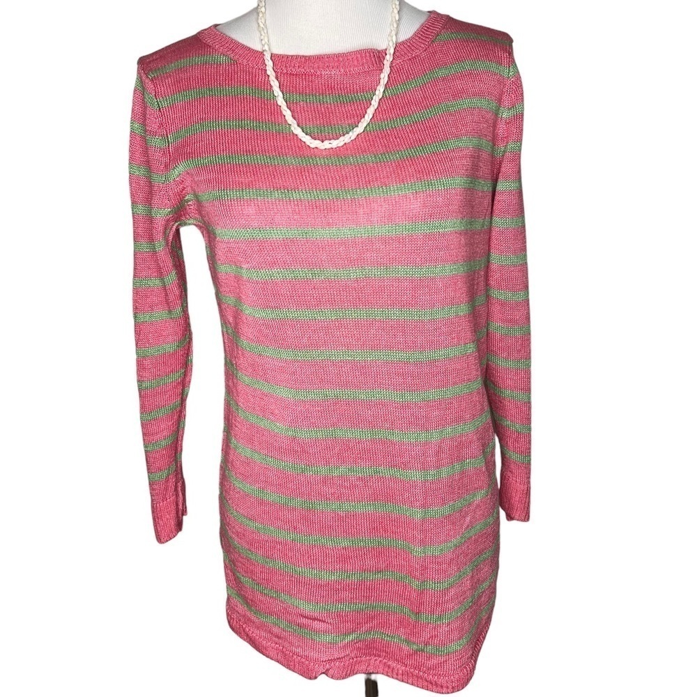 Talbots Pink Green Stripes Linen Crew Neck Sweater Top Sz L Pullover Lightweight